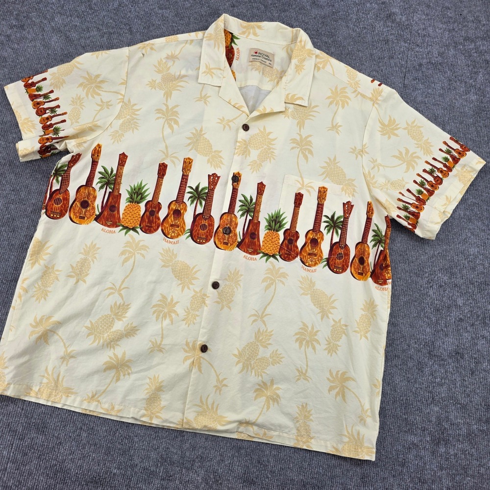 Royal Hawaiian Creations Ukulele Pineapple Shirt 3XL Cream Cotton Made in Hawaii